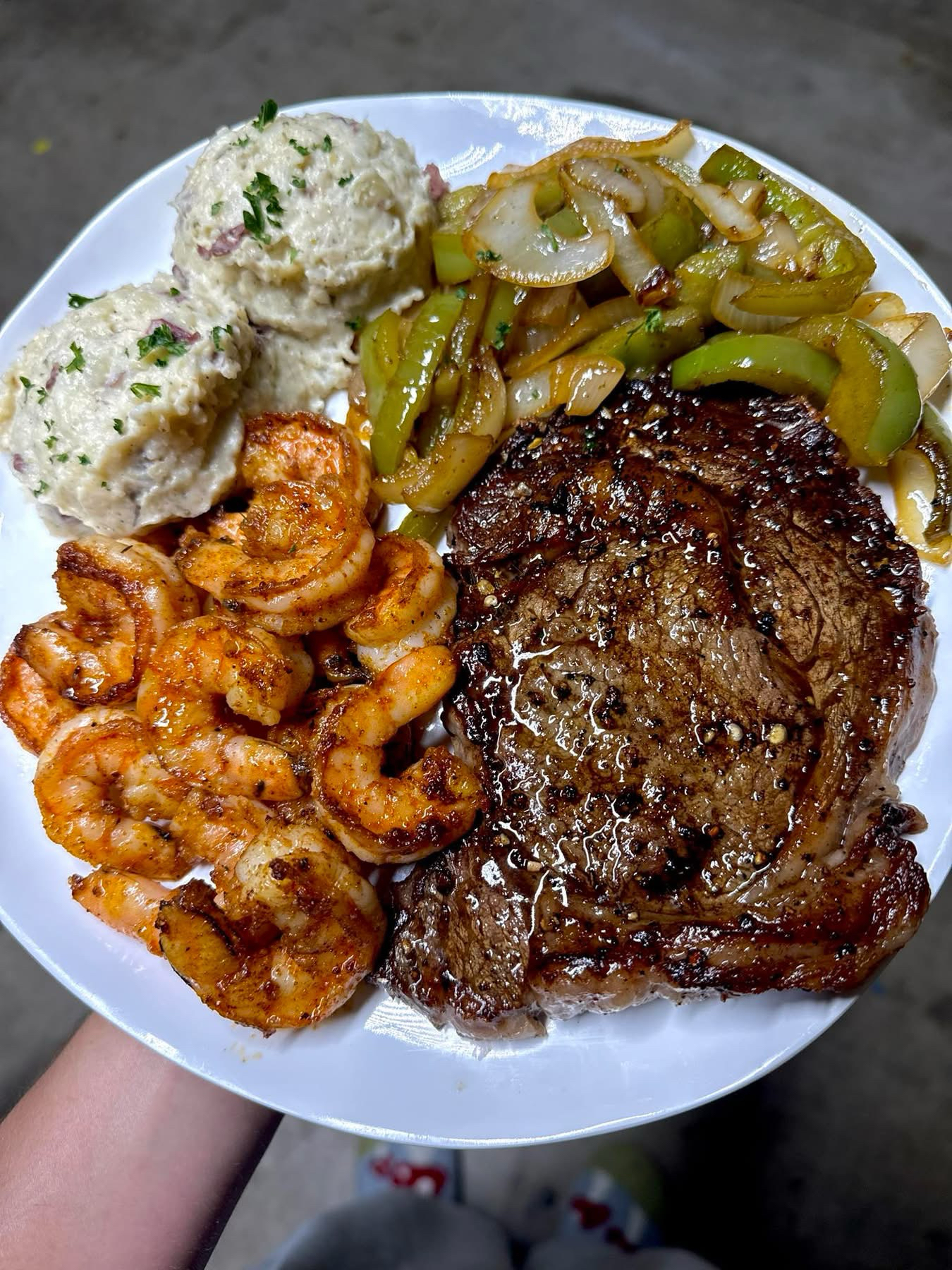 Steak and Shrimp with Red Skin Mashed Potatoes and Peppers & Onions Hearty Lunch Recipe