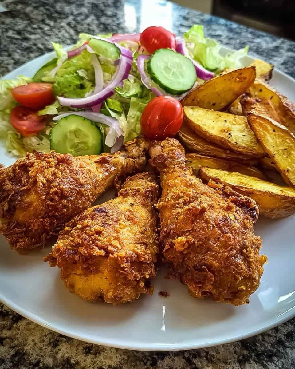 Crispy Fried Chicken Drumsticks with Roasted Potatoes & Fresh Garden Salad