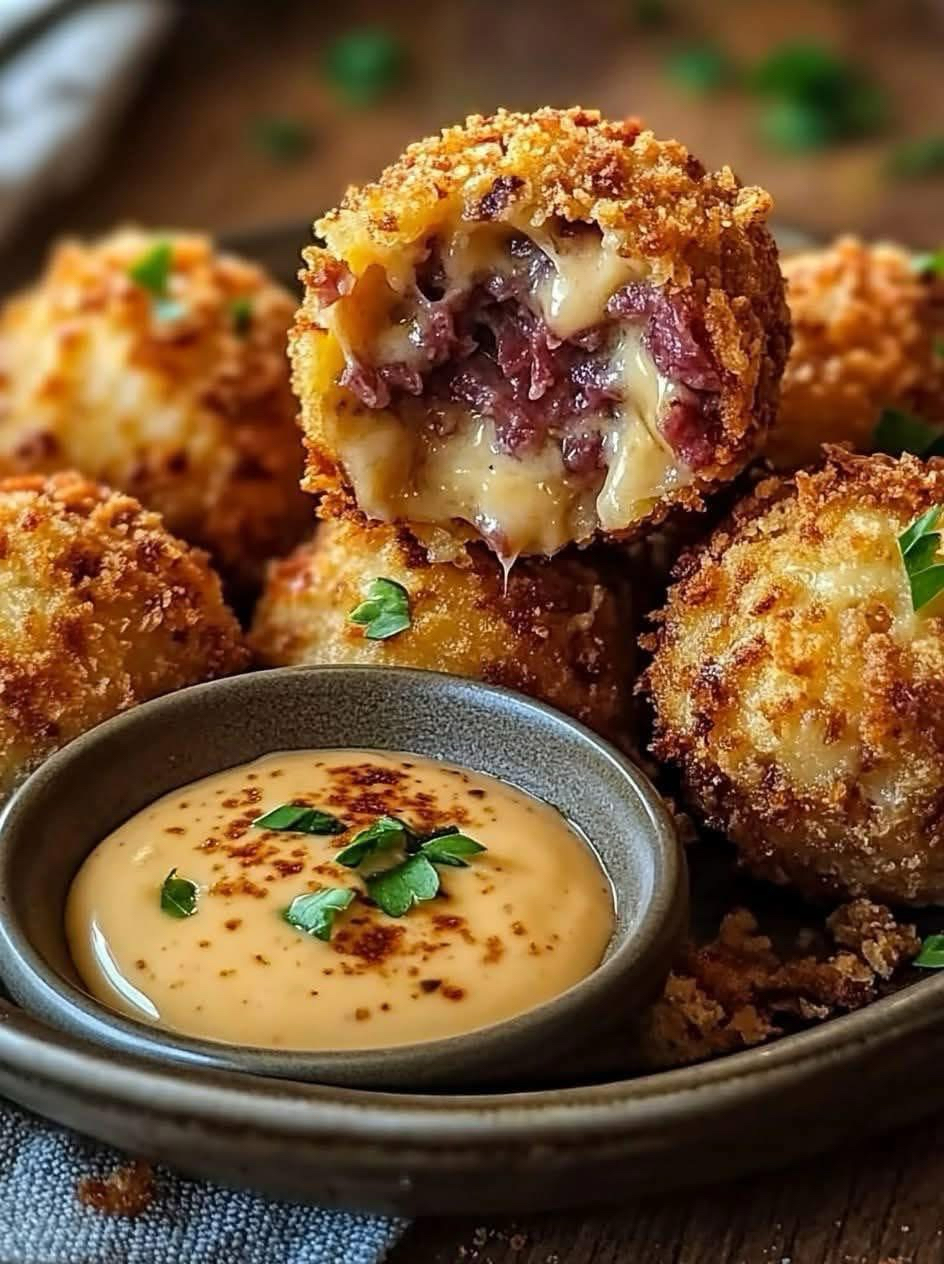 Crispy Reuben Bites with Zesty Spicy Thousand Island Sauce