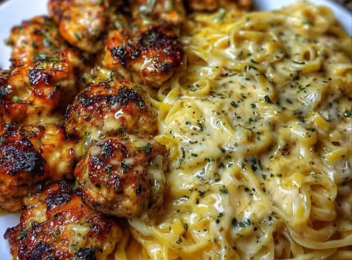 Garlic Butter Chicken Bites with Creamy Cheesy Herb Linguine
